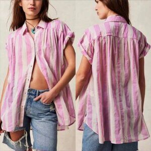 Free People We The Free Bubblegum Striped Ovwrsized Short Sleeve Buttondown Sz S